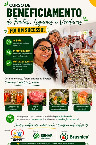Imagem do curso de beneficiamento de frutas, verduras e Legumes realizado pela Associação Cultural Betel